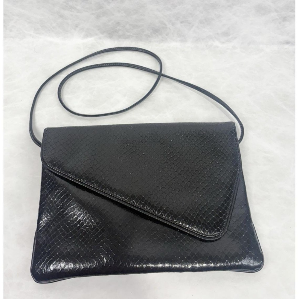 Vintage Black Faux Leather Snakeskin Crossbody Clutch Purse Gold Snap 10'' x 7''